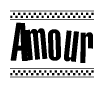 The image contains the text Amour in a bold, stylized font, with a checkered flag pattern bordering the top and bottom of the text.
