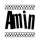 The image is a black and white clipart of the text Amin in a bold, italicized font. The text is bordered by a dotted line on the top and bottom, and there are checkered flags positioned at both ends of the text, usually associated with racing or finishing lines.