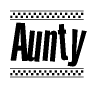 The image is a black and white clipart of the text Aunty in a bold, italicized font. The text is bordered by a dotted line on the top and bottom, and there are checkered flags positioned at both ends of the text, usually associated with racing or finishing lines.