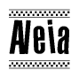 The image contains the text Aleia in a bold, stylized font, with a checkered flag pattern bordering the top and bottom of the text.