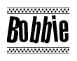 The image is a black and white clipart of the text Bobbie in a bold, italicized font. The text is bordered by a dotted line on the top and bottom, and there are checkered flags positioned at both ends of the text, usually associated with racing or finishing lines.