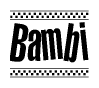 The image contains the text Bambi in a bold, stylized font, with a checkered flag pattern bordering the top and bottom of the text.