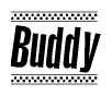 The image is a black and white clipart of the text Buddy in a bold, italicized font. The text is bordered by a dotted line on the top and bottom, and there are checkered flags positioned at both ends of the text, usually associated with racing or finishing lines.