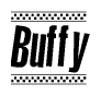 The image contains the text Buffy in a bold, stylized font, with a checkered flag pattern bordering the top and bottom of the text.