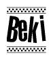 The clipart image displays the text Beki in a bold, stylized font. It is enclosed in a rectangular border with a checkerboard pattern running below and above the text, similar to a finish line in racing. 