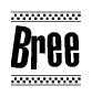 The image is a black and white clipart of the text Bree in a bold, italicized font. The text is bordered by a dotted line on the top and bottom, and there are checkered flags positioned at both ends of the text, usually associated with racing or finishing lines.