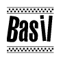 The image is a black and white clipart of the text Basil in a bold, italicized font. The text is bordered by a dotted line on the top and bottom, and there are checkered flags positioned at both ends of the text, usually associated with racing or finishing lines.