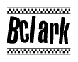 The image is a black and white clipart of the text Bclark in a bold, italicized font. The text is bordered by a dotted line on the top and bottom, and there are checkered flags positioned at both ends of the text, usually associated with racing or finishing lines.