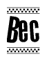 The image is a black and white clipart of the text Bec in a bold, italicized font. The text is bordered by a dotted line on the top and bottom, and there are checkered flags positioned at both ends of the text, usually associated with racing or finishing lines.