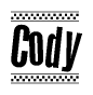 The image contains the text Cody in a bold, stylized font, with a checkered flag pattern bordering the top and bottom of the text.