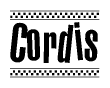The image contains the text Cordis in a bold, stylized font, with a checkered flag pattern bordering the top and bottom of the text.