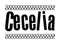 The clipart image displays the text Cecelia in a bold, stylized font. It is enclosed in a rectangular border with a checkerboard pattern running below and above the text, similar to a finish line in racing. 