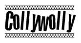 The image is a black and white clipart of the text Collywolly in a bold, italicized font. The text is bordered by a dotted line on the top and bottom, and there are checkered flags positioned at both ends of the text, usually associated with racing or finishing lines.
