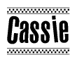 The clipart image displays the text Cassie in a bold, stylized font. It is enclosed in a rectangular border with a checkerboard pattern running below and above the text, similar to a finish line in racing. 