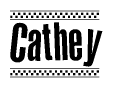 The clipart image displays the text Cathey in a bold, stylized font. It is enclosed in a rectangular border with a checkerboard pattern running below and above the text, similar to a finish line in racing. 