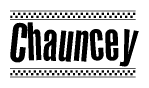 The image contains the text Chauncey in a bold, stylized font, with a checkered flag pattern bordering the top and bottom of the text.