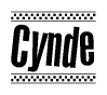 The clipart image displays the text Cynde in a bold, stylized font. It is enclosed in a rectangular border with a checkerboard pattern running below and above the text, similar to a finish line in racing. 