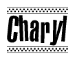 The image contains the text Charyl in a bold, stylized font, with a checkered flag pattern bordering the top and bottom of the text.