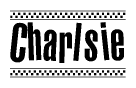 The clipart image displays the text Charlsie in a bold, stylized font. It is enclosed in a rectangular border with a checkerboard pattern running below and above the text, similar to a finish line in racing. 