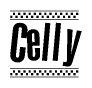 The clipart image displays the text Celly in a bold, stylized font. It is enclosed in a rectangular border with a checkerboard pattern running below and above the text, similar to a finish line in racing. 