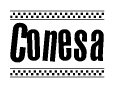 The image contains the text Conesa in a bold, stylized font, with a checkered flag pattern bordering the top and bottom of the text.