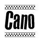 The image contains the text Cano in a bold, stylized font, with a checkered flag pattern bordering the top and bottom of the text.
