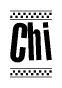 The image is a black and white clipart of the text Chi in a bold, italicized font. The text is bordered by a dotted line on the top and bottom, and there are checkered flags positioned at both ends of the text, usually associated with racing or finishing lines.