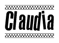 The image contains the text Claudia in a bold, stylized font, with a checkered flag pattern bordering the top and bottom of the text.