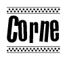 The image contains the text Corne in a bold, stylized font, with a checkered flag pattern bordering the top and bottom of the text.