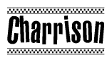 The clipart image displays the text Charrison in a bold, stylized font. It is enclosed in a rectangular border with a checkerboard pattern running below and above the text, similar to a finish line in racing. 