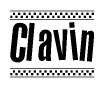 The image contains the text Clavin in a bold, stylized font, with a checkered flag pattern bordering the top and bottom of the text.