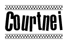 The image contains the text Courtnei in a bold, stylized font, with a checkered flag pattern bordering the top and bottom of the text.