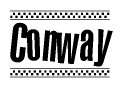 The image contains the text Conway in a bold, stylized font, with a checkered flag pattern bordering the top and bottom of the text.