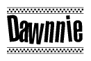 The image contains the text Dawnnie in a bold, stylized font, with a checkered flag pattern bordering the top and bottom of the text.