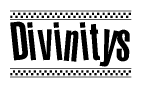 The image is a black and white clipart of the text Divinitys in a bold, italicized font. The text is bordered by a dotted line on the top and bottom, and there are checkered flags positioned at both ends of the text, usually associated with racing or finishing lines.