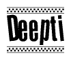 The image is a black and white clipart of the text Deepti in a bold, italicized font. The text is bordered by a dotted line on the top and bottom, and there are checkered flags positioned at both ends of the text, usually associated with racing or finishing lines.