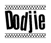 The image contains the text Dodjie in a bold, stylized font, with a checkered flag pattern bordering the top and bottom of the text.