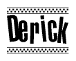 The clipart image displays the text Derick in a bold, stylized font. It is enclosed in a rectangular border with a checkerboard pattern running below and above the text, similar to a finish line in racing. 