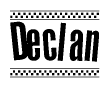 The clipart image displays the text Declan in a bold, stylized font. It is enclosed in a rectangular border with a checkerboard pattern running below and above the text, similar to a finish line in racing. 
