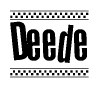The clipart image displays the text Deede in a bold, stylized font. It is enclosed in a rectangular border with a checkerboard pattern running below and above the text, similar to a finish line in racing. 