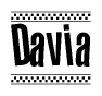 The image is a black and white clipart of the text Davia in a bold, italicized font. The text is bordered by a dotted line on the top and bottom, and there are checkered flags positioned at both ends of the text, usually associated with racing or finishing lines.