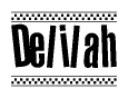The image is a black and white clipart of the text Delilah in a bold, italicized font. The text is bordered by a dotted line on the top and bottom, and there are checkered flags positioned at both ends of the text, usually associated with racing or finishing lines.