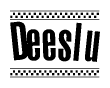 The image contains the text Deeslu in a bold, stylized font, with a checkered flag pattern bordering the top and bottom of the text.