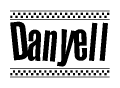 The image is a black and white clipart of the text Danyell in a bold, italicized font. The text is bordered by a dotted line on the top and bottom, and there are checkered flags positioned at both ends of the text, usually associated with racing or finishing lines.