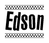 The image is a black and white clipart of the text Edson in a bold, italicized font. The text is bordered by a dotted line on the top and bottom, and there are checkered flags positioned at both ends of the text, usually associated with racing or finishing lines.