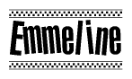 The image contains the text Emmeline in a bold, stylized font, with a checkered flag pattern bordering the top and bottom of the text.