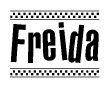 The image contains the text Freida in a bold, stylized font, with a checkered flag pattern bordering the top and bottom of the text.