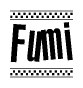 The image contains the text Fumi in a bold, stylized font, with a checkered flag pattern bordering the top and bottom of the text.