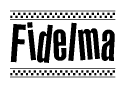 The image contains the text Fidelma in a bold, stylized font, with a checkered flag pattern bordering the top and bottom of the text.