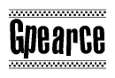 The image is a black and white clipart of the text Gpearce in a bold, italicized font. The text is bordered by a dotted line on the top and bottom, and there are checkered flags positioned at both ends of the text, usually associated with racing or finishing lines.
